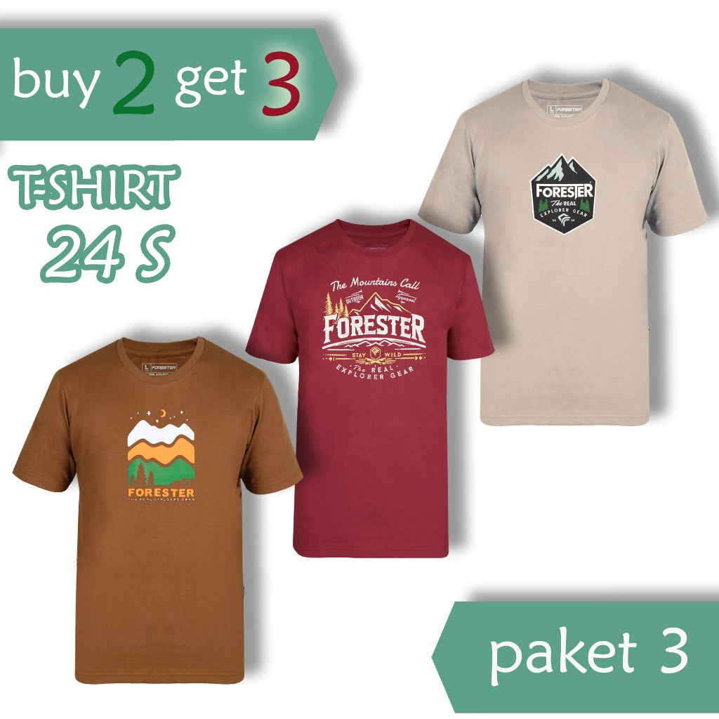 [3-4-7] Paket Hemat 3 pcs Kaos Oblong Sablon Keren Forester Katun 24S Bahan Adem