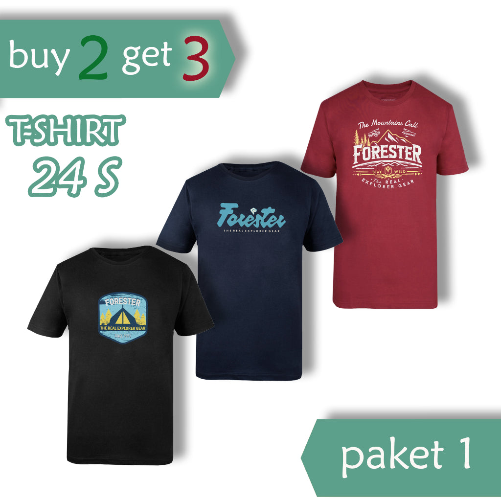 [1-2-8] Paket Hemat 3 pcs Kaos Oblong Sablon Keren Forester Katun 24S Bahan Adem