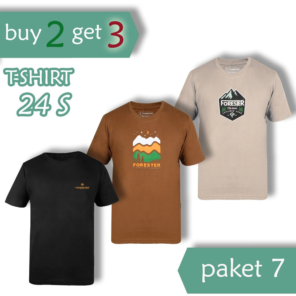 [3-4-7] Paket Hemat 3 pcs Kaos Oblong Sablon Keren Forester Katun 24S Bahan Adem